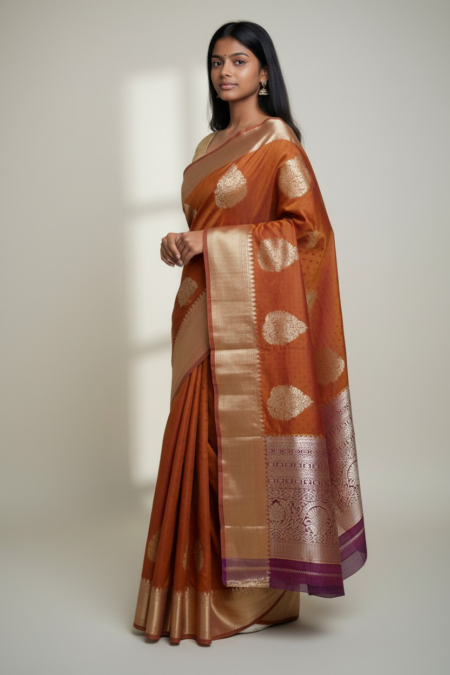 Premium Copper-Orange Fancy Silk Saree with Contrast Zari Border