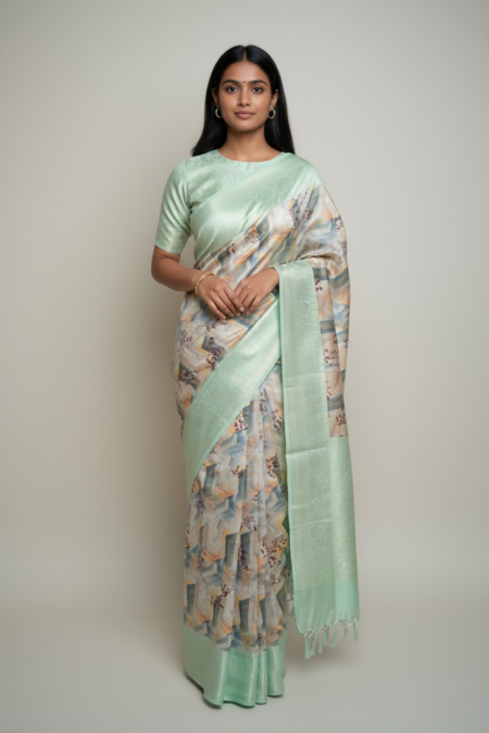 Seafoam Abstract Fancy Silk Saree