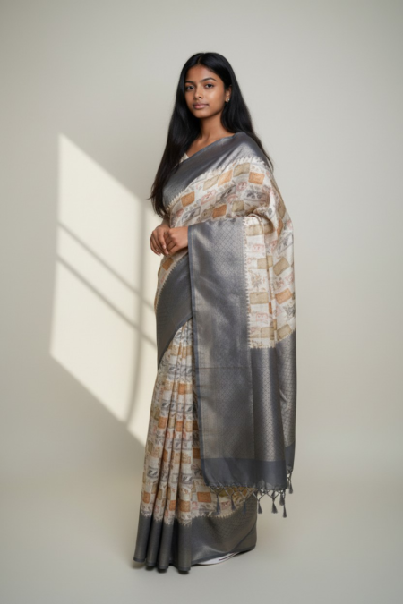 Steel Slate Mosaic Fancy Silk Saree